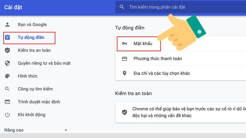 Chọn mục mật khẩu