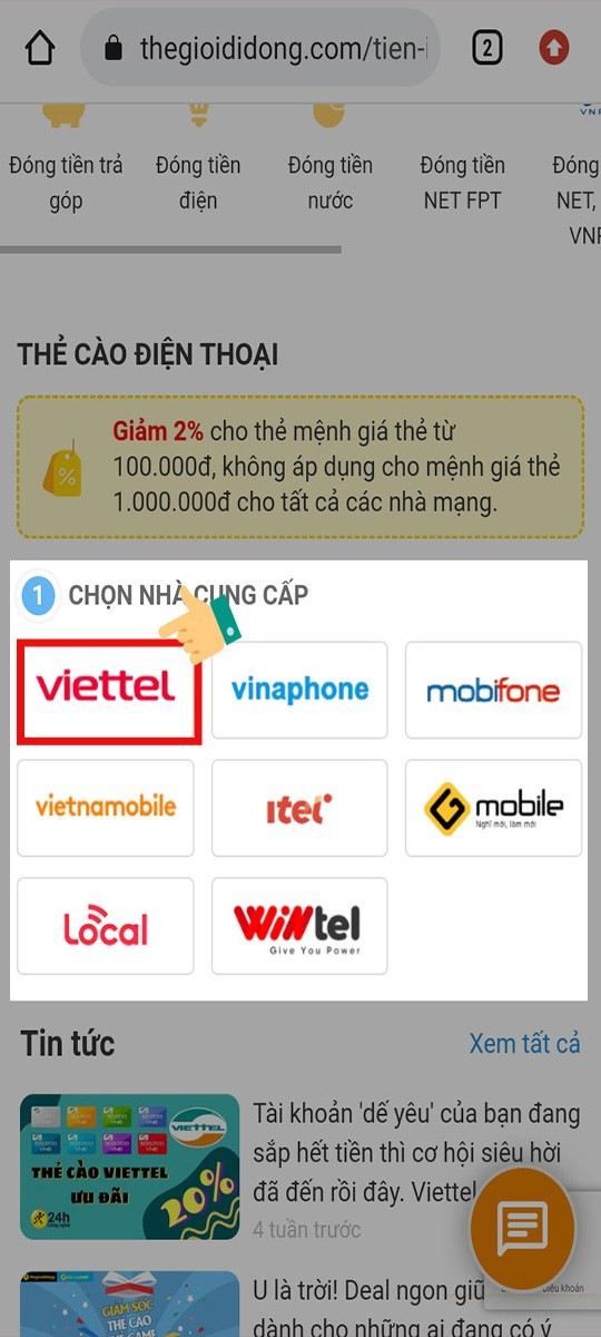 Chọn nhà mạng thẻ Viettel