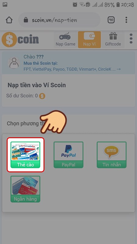 Chọn Phương thức nạp là Thẻ cào.