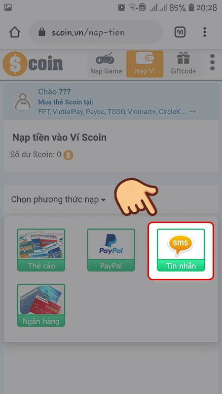 Chọn Phương thức nạp là Tin nhắn SMS.