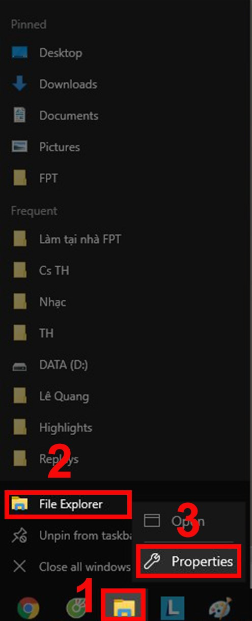 Chọn Properties trên taskbar