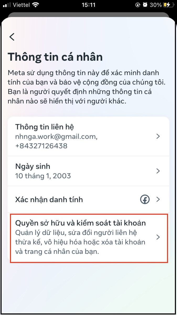 Chọn quyền sở hữu và kiểm soát tài khoản trên facebook