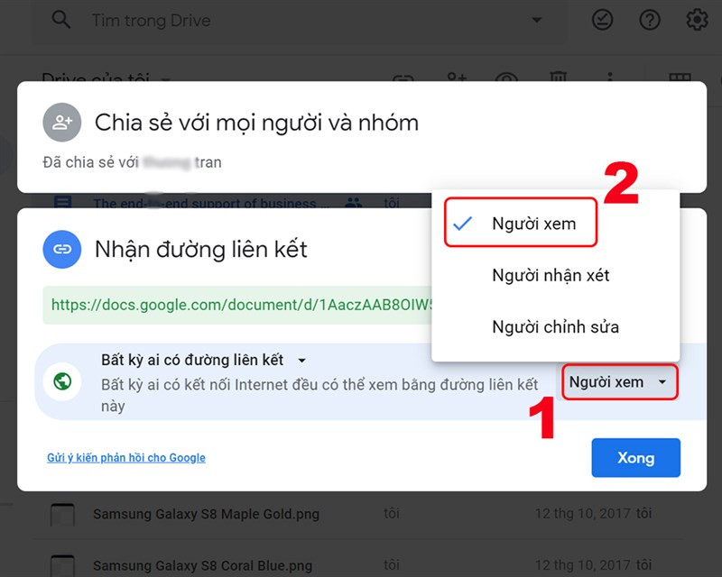 Chọn quyền truy cập (Chỉnh sửa, Xem, Nhận xét) trên Google Drive