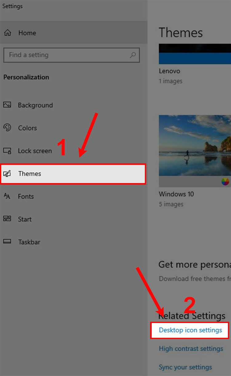 Chọn Themes và Desktop icon settings