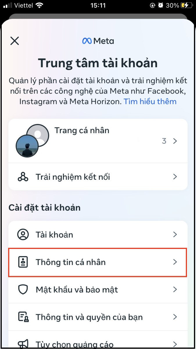 Chọn thông tin cá nhân trên facebook