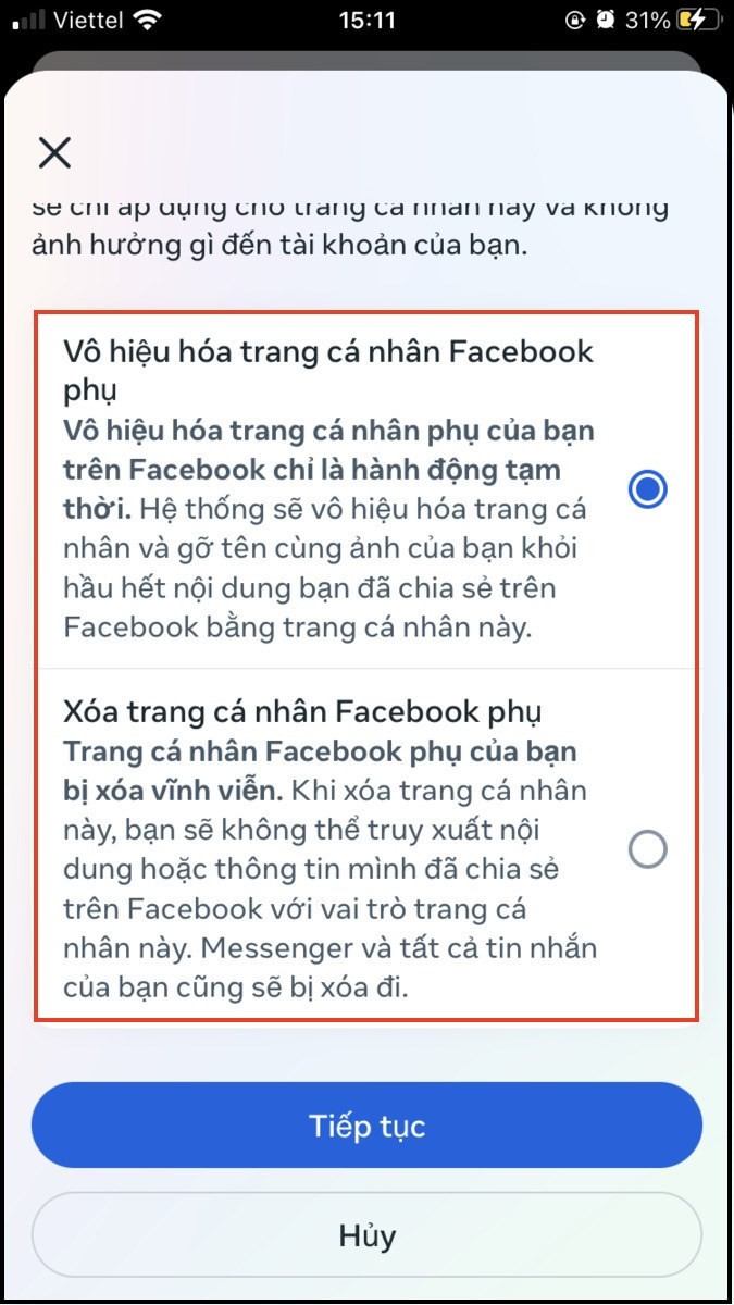 Chọn tính năng xóa hoặc vô hiệu hóa trên facebook