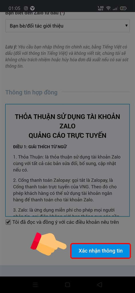 Chọn Xác nhận thông tin.