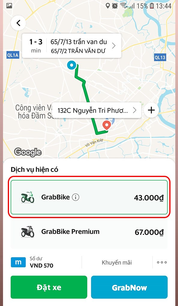 Chọn xe trên Grab