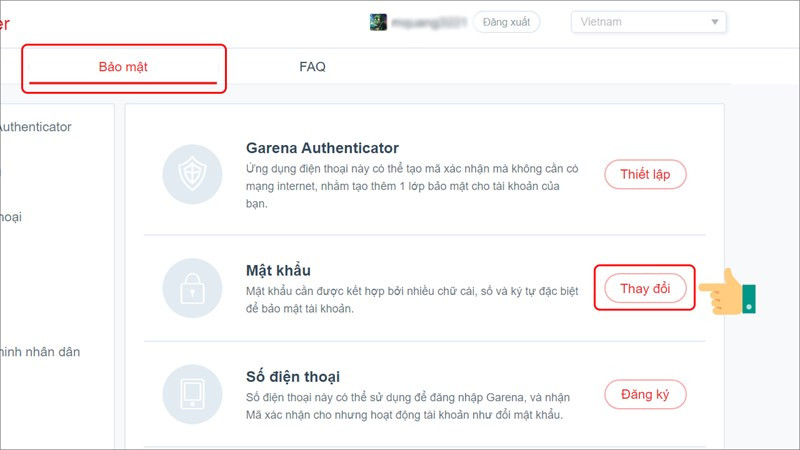 Chuyển sang Bảo mật chọn Thay đổi mật khẩu
