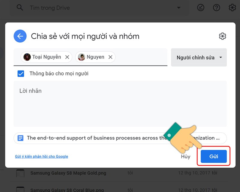 Click "Gửi" để hoàn tất việc chia sẻ trên Google Drive