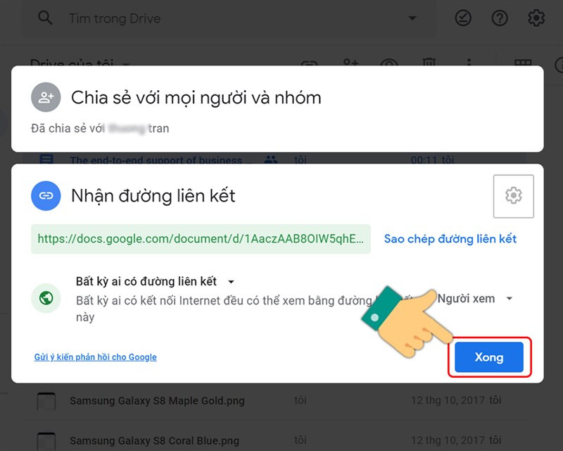 Click "Xong" và sao chép liên kết để chia sẻ trên Google Drive