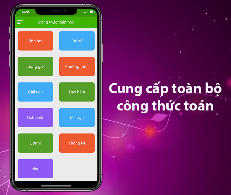 Cung cấp toàn bộ các công thức toán học, từ hình học đến giải tích, đạo hàm,...