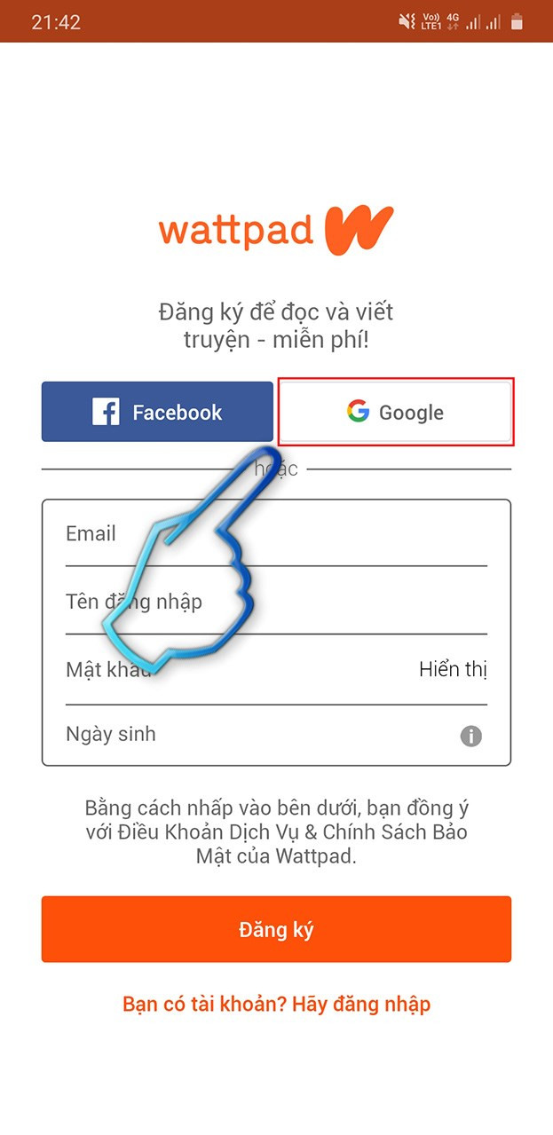 Đăng ký Wattpad bằng Google