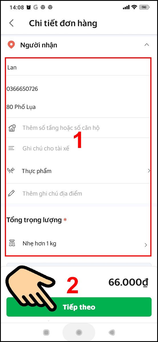 Điền thông tin người nhận