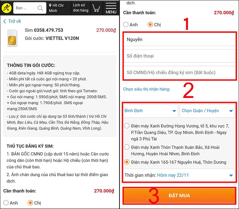 Điền thông tin và nhấn Đặt mua