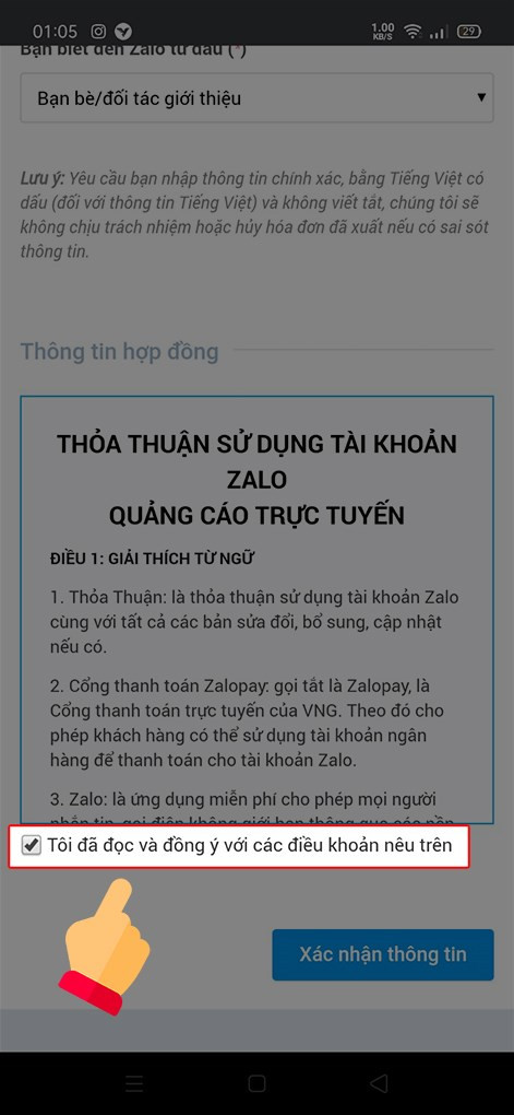 Đọc thông tin hợp đồng và tick chọn vào ô "Tôi đã đọc và đồng ý với các điều khoản nêu trên" trong mục Thông tin hợp đồng.