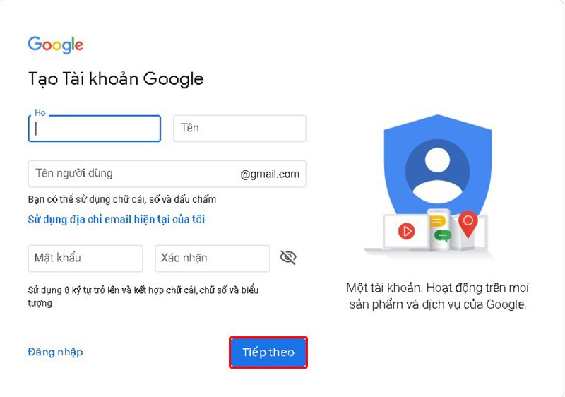 Giao diện đăng ký Gmail