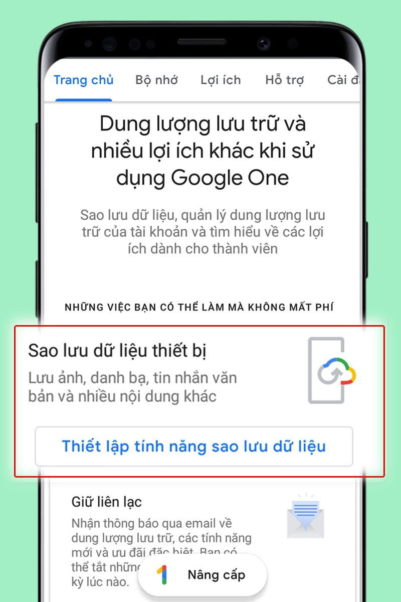 Giao diện sao lưu dữ liệu trên Google One