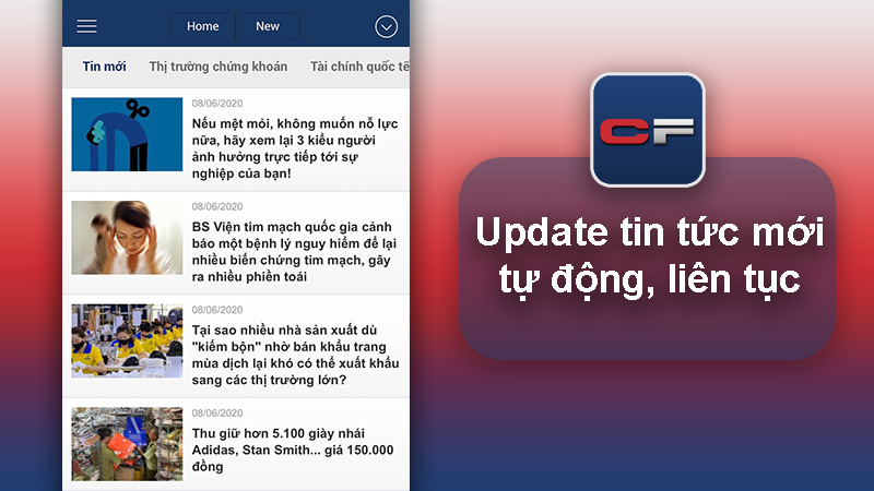 Giao diện ứng dụng CafeF với tin tức cập nhật liên tục