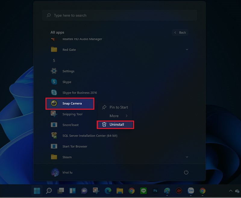 Gỡ Snap Camera qua Start Menu