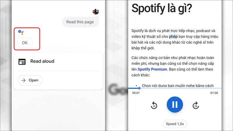 Google Assistant đọc nội dung trang web