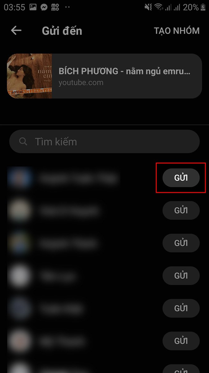 Gửi link YouTube qua Messenger