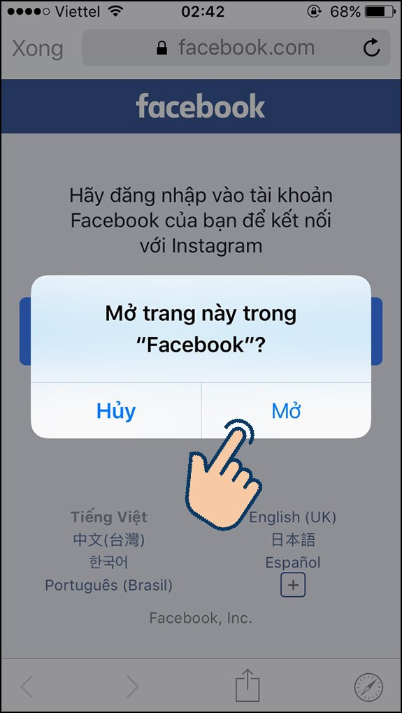 hãy chọn Mở để mở trang này trong Facebook