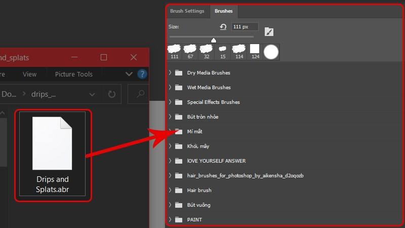 Kéo thả file Brush .ABR bạn vừa tải về vào khung Brush hiện lên