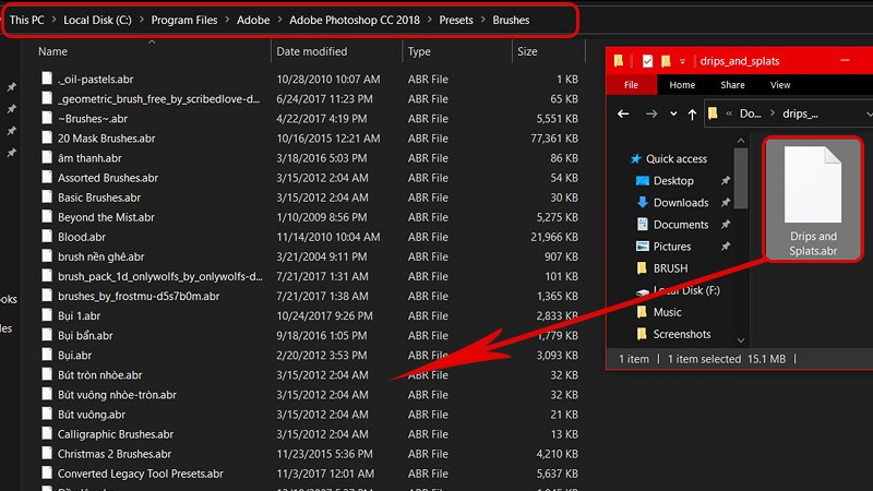 Kéo và thả file Brush .ABR vào thư mục khi nãy