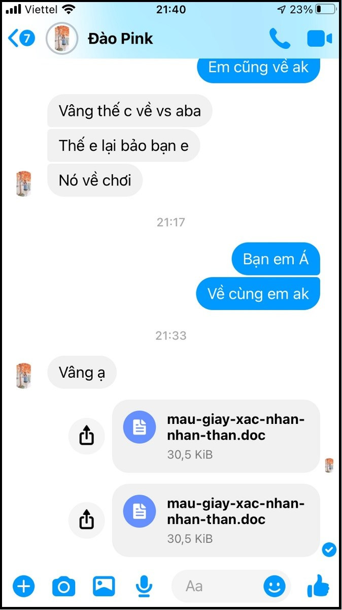 Kết quả là bạn đã gửi file qua Messenger trên điện thoại thành công