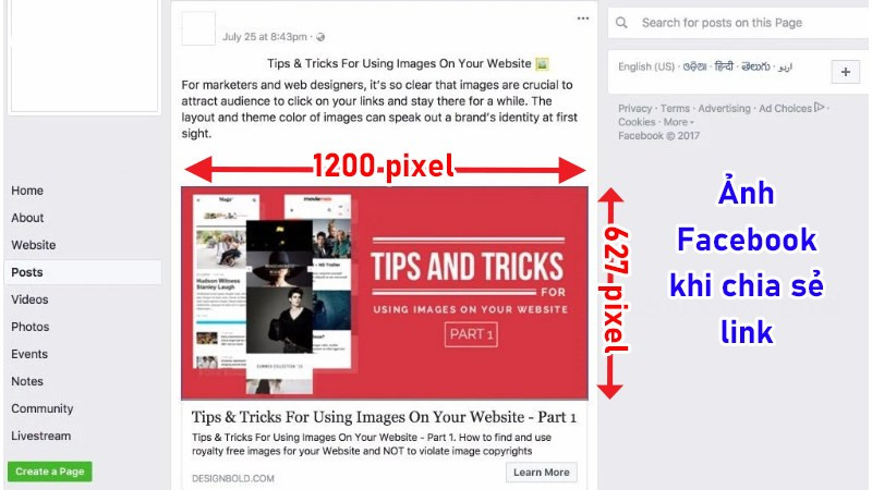 Kích thước ảnh khi chia sẻ link trên Facebook