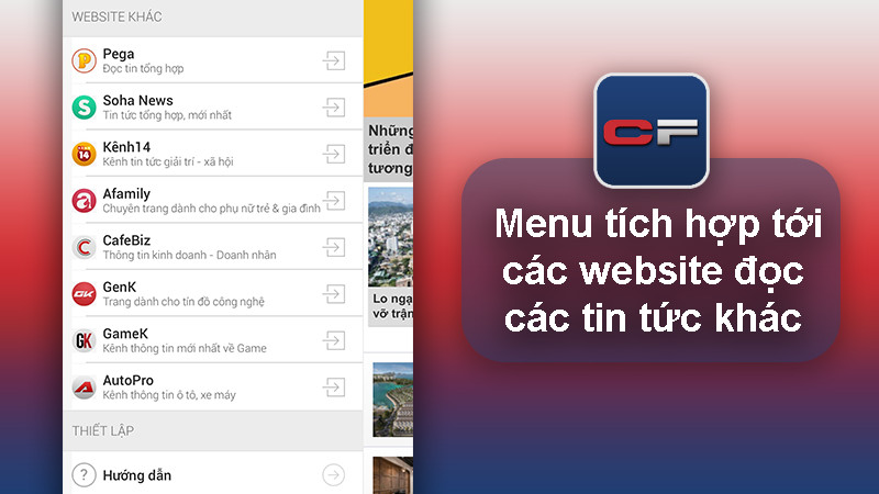 Menu tích hợp các website tin tức khác trên CafeF