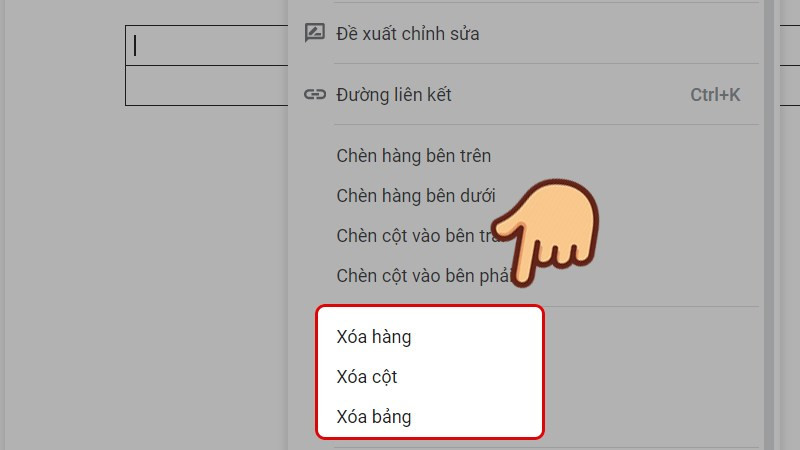 Menu xóa bảng, hàng, cột