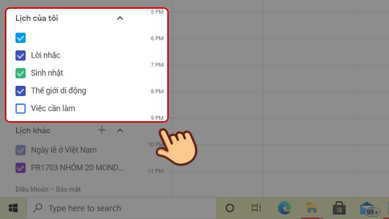 Mở Google Lịch, bên trái mục lịch của tôi bạn sẽ thấy danh sách các lịch mà bạn đã tạo