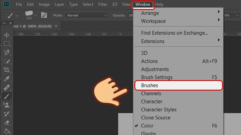 Mở Photoshop, chọn công cụ Window và chọn Brushes
