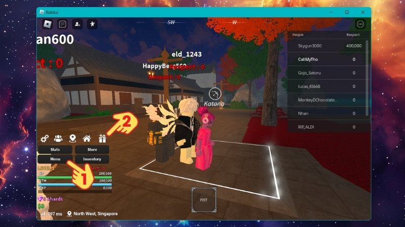 Mở Roblox và vào game Jujutsu Piece. Trong game chọn Menu, sau đó chọn biểu tượng hộp quà