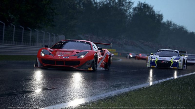 Mô tả hình ảnh: Cảnh xe đua trong Assetto Corsa đang vượt qua đối thủ trên đường đua