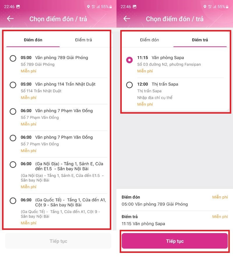 Mô tả hình ảnh chọn điểm đón trả trên Momo