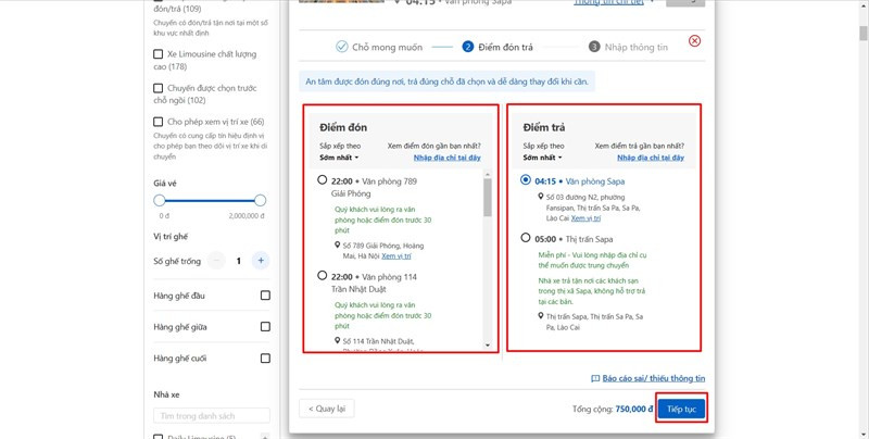 Mô tả hình ảnh chọn điểm đón trả trên web Vexere