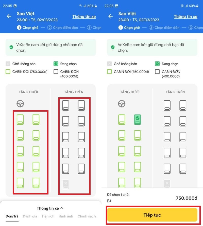 Mô tả hình ảnh chọn ghế ngồi trên app Vexere
