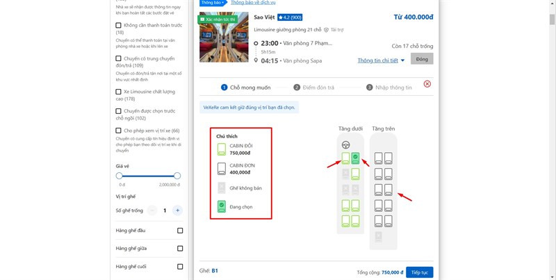 Mô tả hình ảnh chọn ghế trên web Vexere