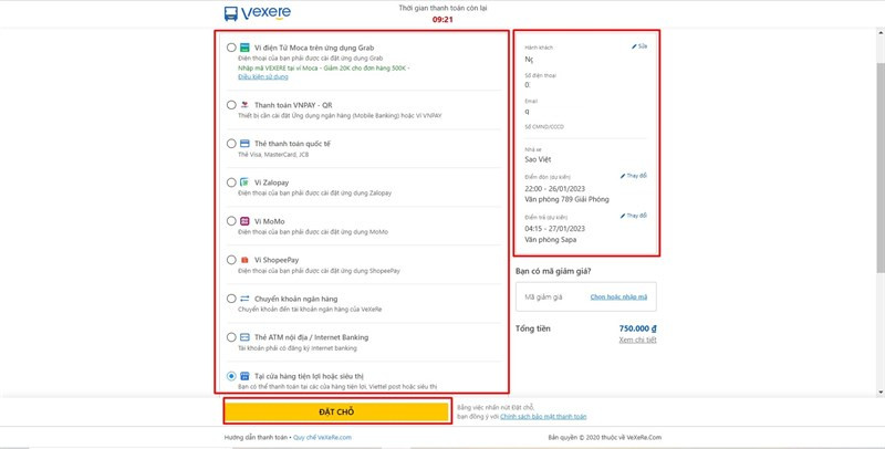 Mô tả hình ảnh chọn phương thức thanh toán trên web Vexere