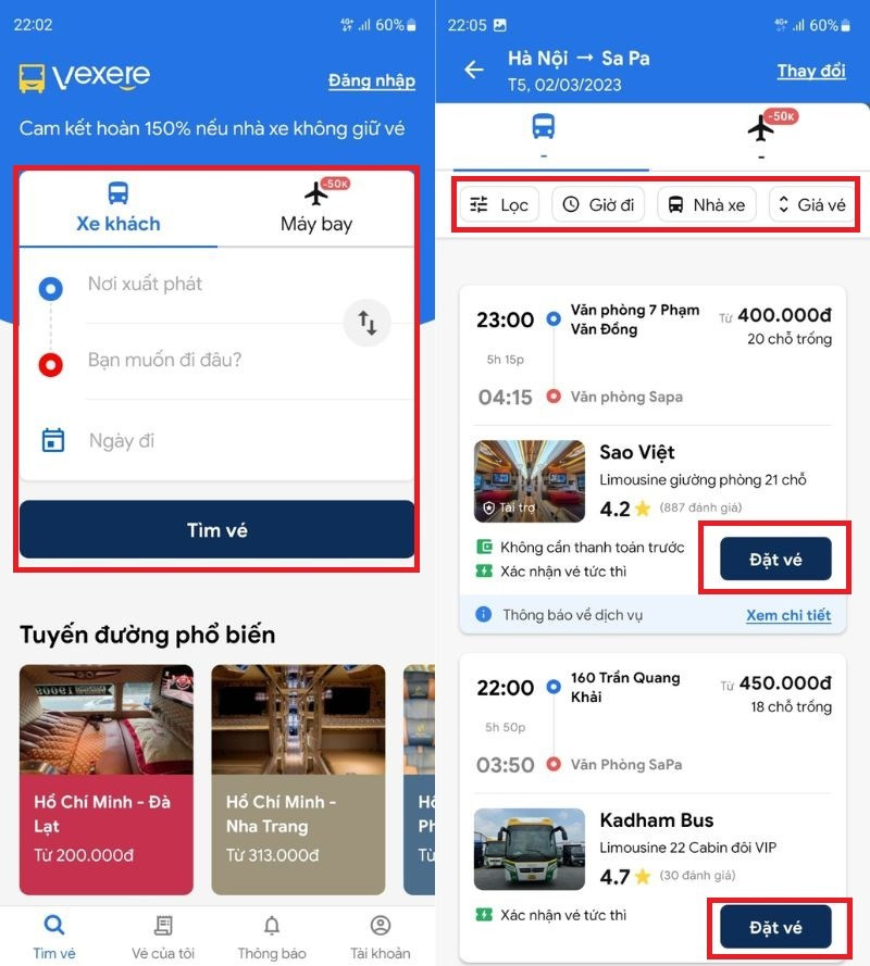 Mô tả hình ảnh chọn thông tin chuyến đi và xe trên app Vexere