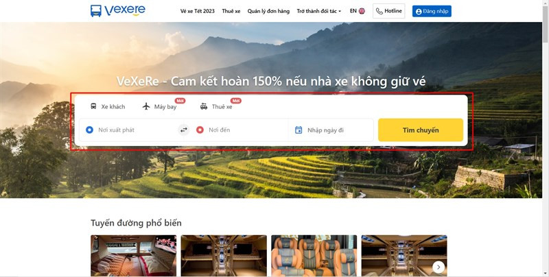 Mô tả hình ảnh nhập thông tin chuyến đi trên web Vexere