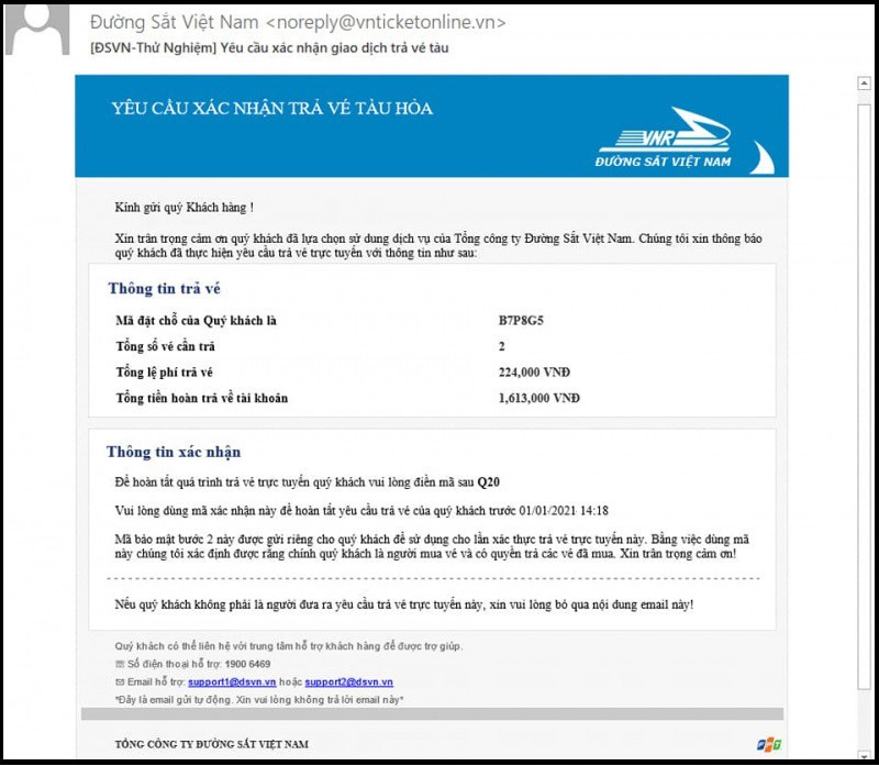 Mở thư xác nhận của tổng công ty đường sắt Việt Nam gửi đến trong mail lấy mã xác nhận