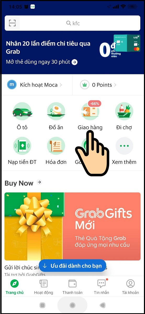 Mở ứng dụng Grab và chọn giao hàng