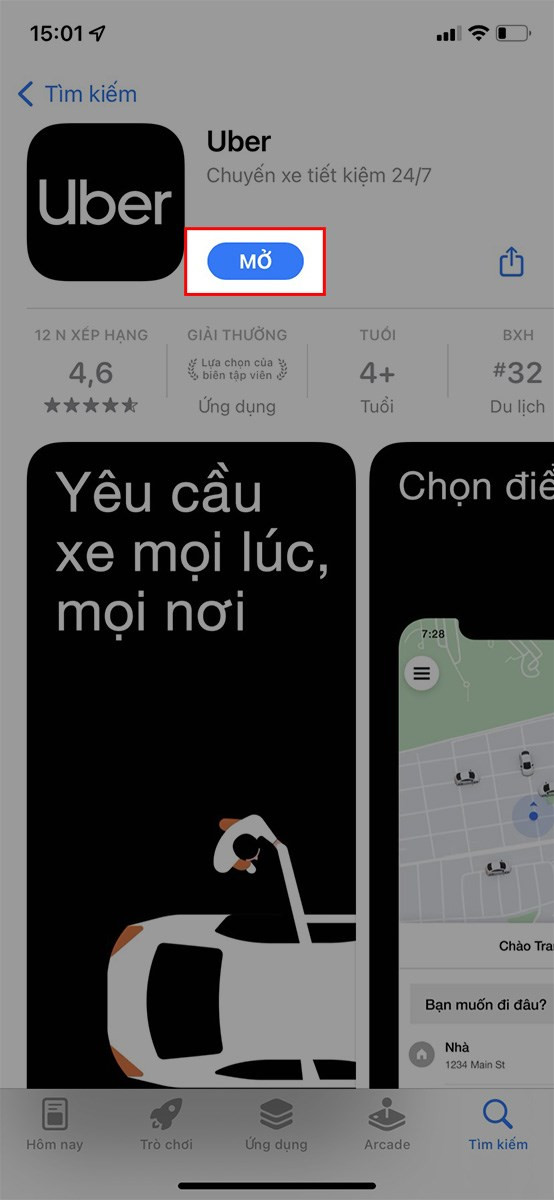 Mở ứng dụng Uber trên iPhone