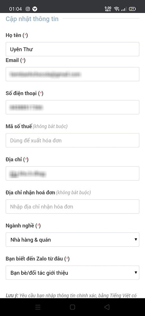 Nếu là nhà quảng cáo cá nhân, bạn cần điền đầy đủ những thông tin gồm Họ tên, email, số điện thoại, địa chỉ, ngành nghề và chọn thông tin bạn biết đến Zalo Ads từ đâu?