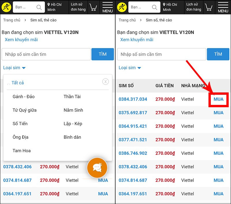 Nhấn Mua tại số thẻ sim bạn ưng ý
