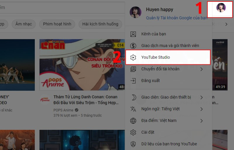 Nhấn vào biểu tượng tài khoản và chọn mục YouTube Studio